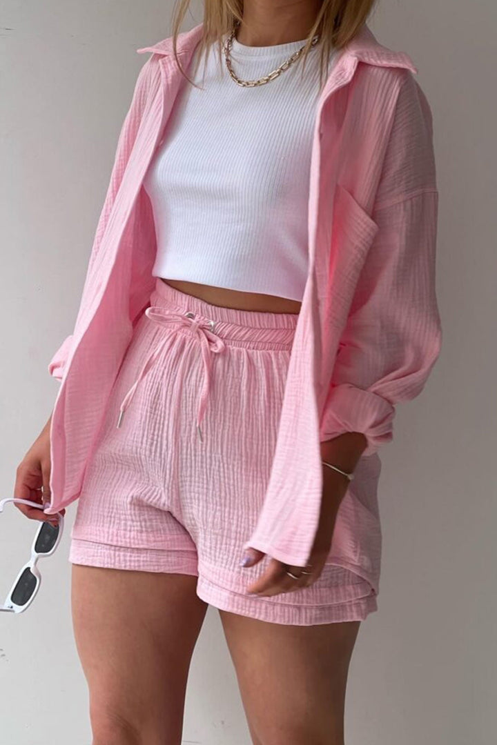 Damen Zweiteiler Hemd Und Shorts Mit Kordelzug