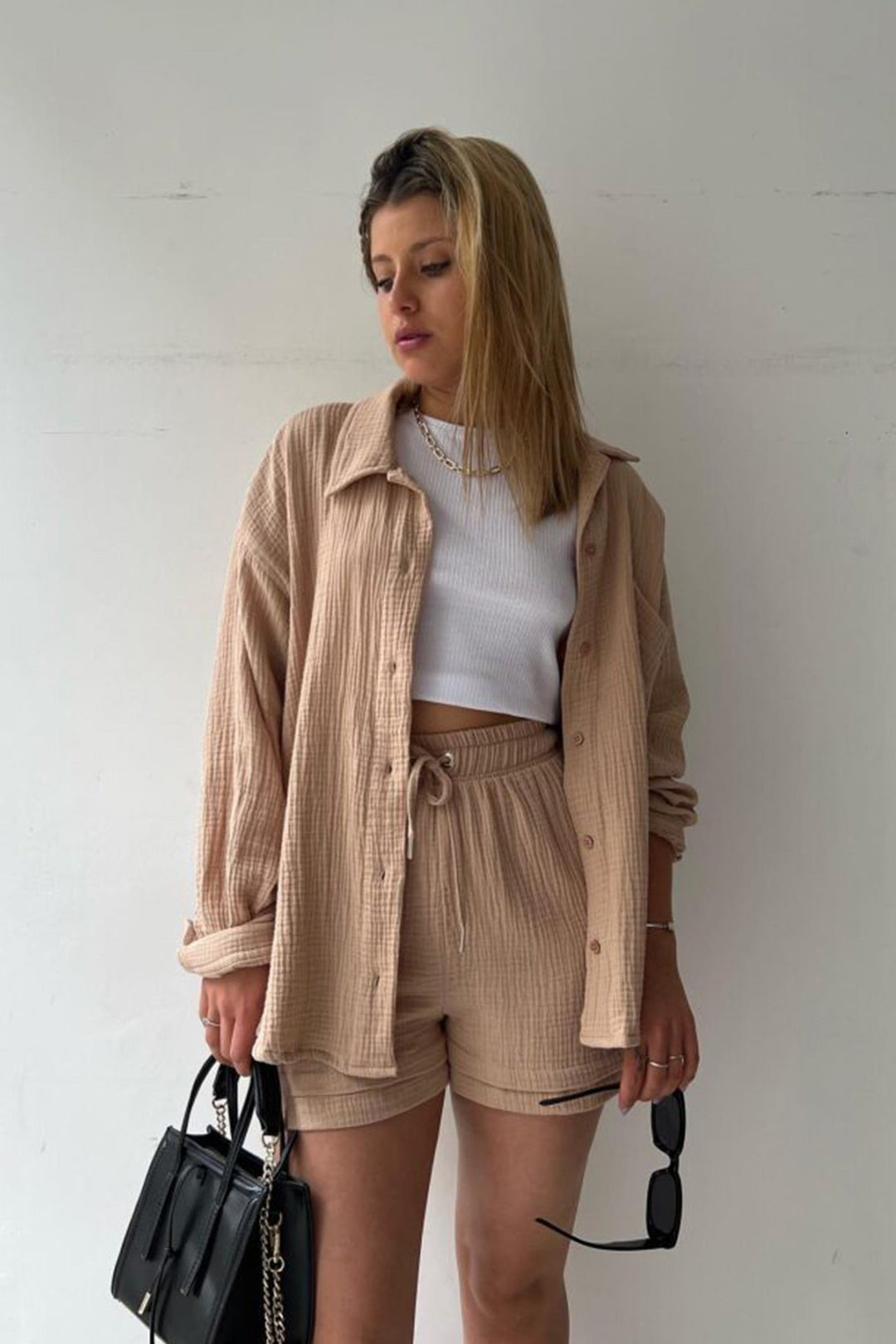 Damen Zweiteiler Hemd Und Shorts Mit Kordelzug