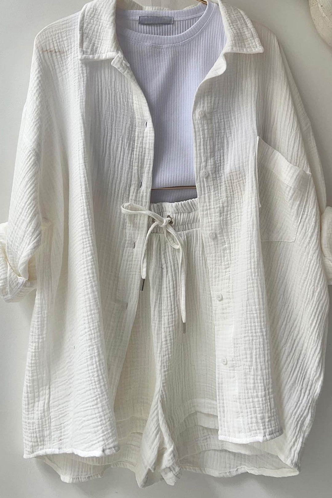 Damen Zweiteiler Hemd Und Shorts Mit Kordelzug