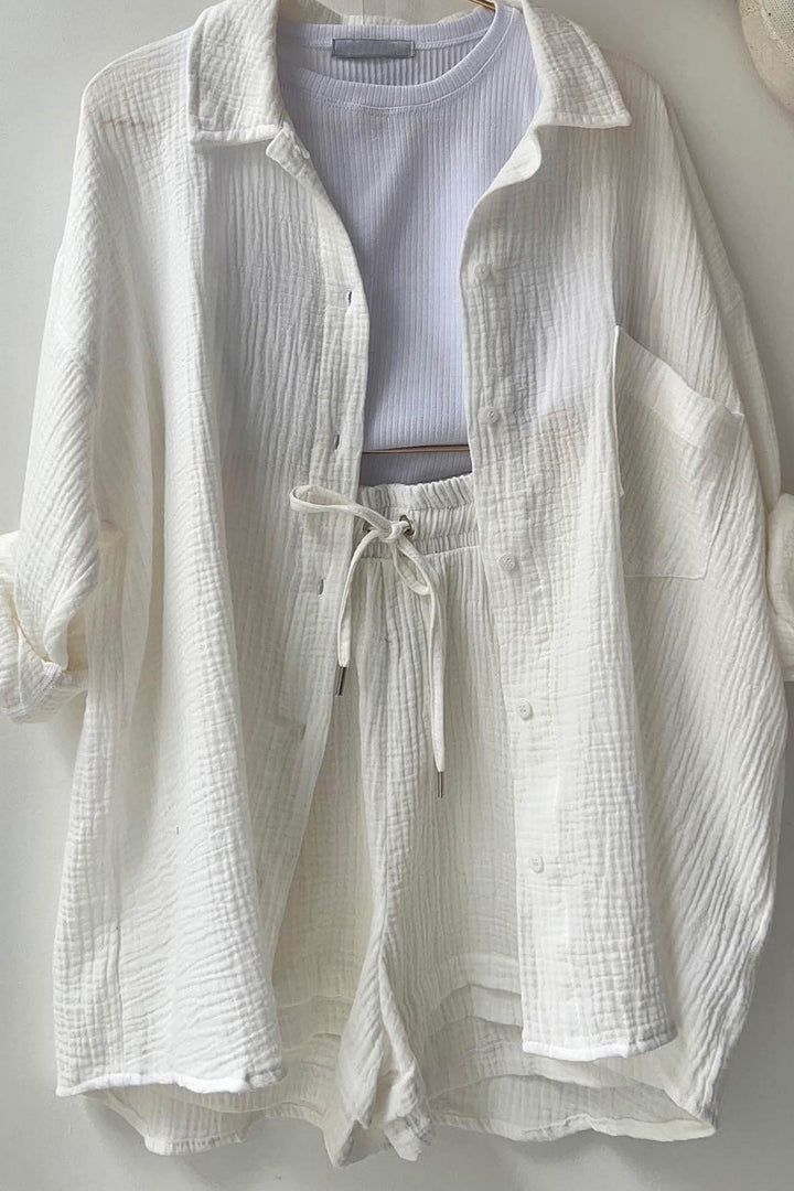Damen Zweiteiler Hemd Und Shorts Mit Kordelzug