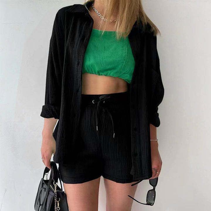 Damen Zweiteiler Hemd Und Shorts Mit Kordelzug
