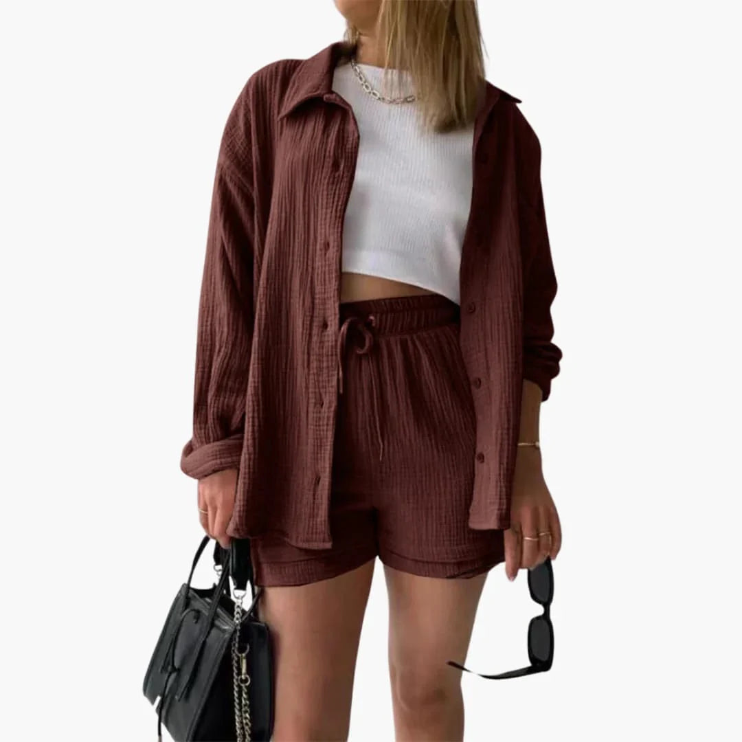 Damen Zweiteiler Hemd Und Shorts Mit Kordelzug