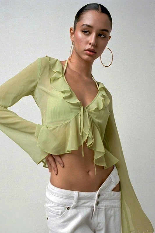 Damen Crop Bluse in transparenter, leichter Qualität mit femininem Fall