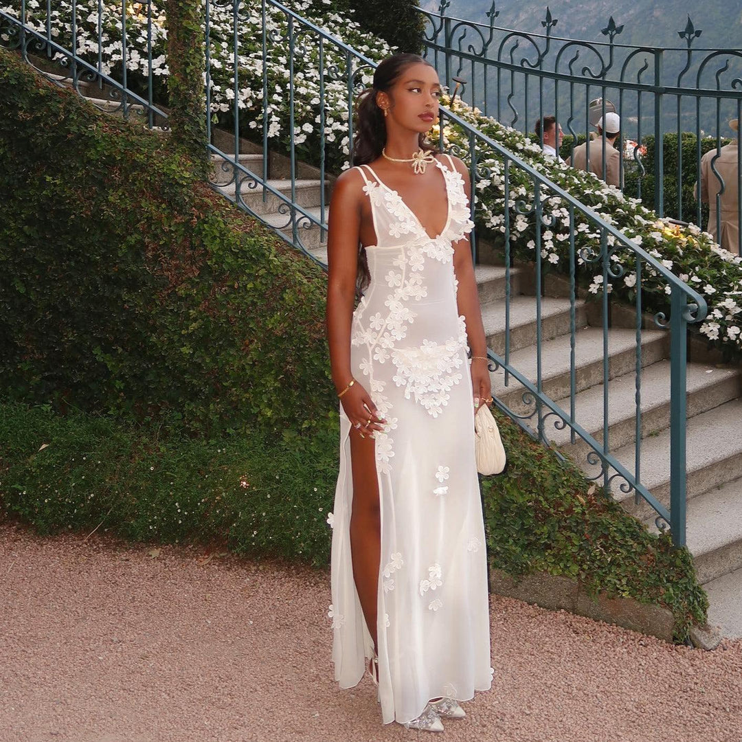 Weißes Maxi-Kleid mit Blütenmuster und Mesh für Damen