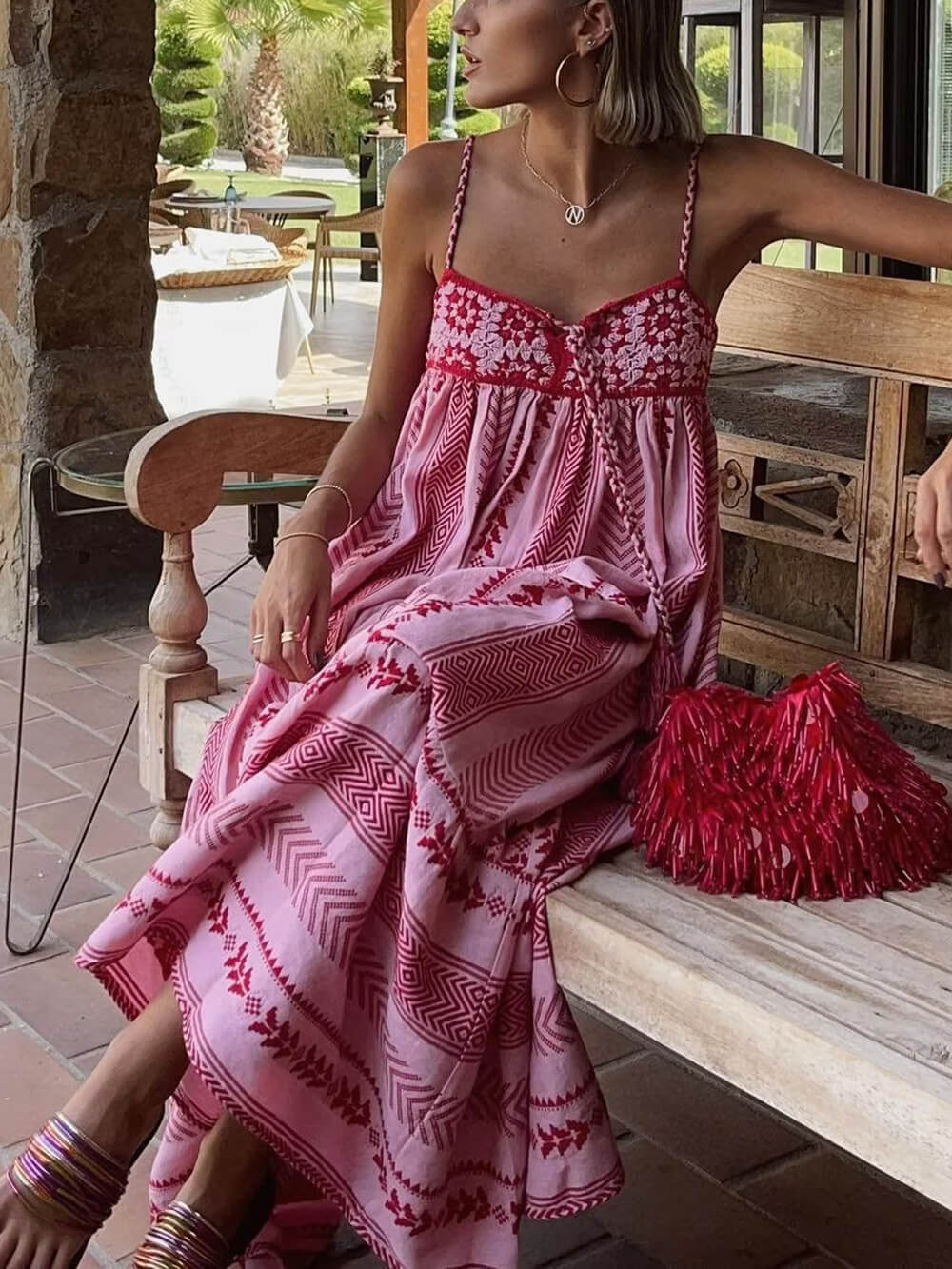 Ethno-Stil Häkel-Patchwork Strick Maxikleid