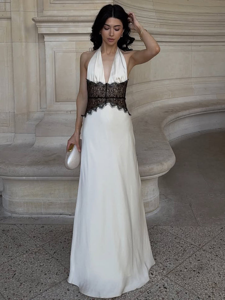 Maxikleid mit Neckholder, Spitzeneinsatz und freiem Rücken