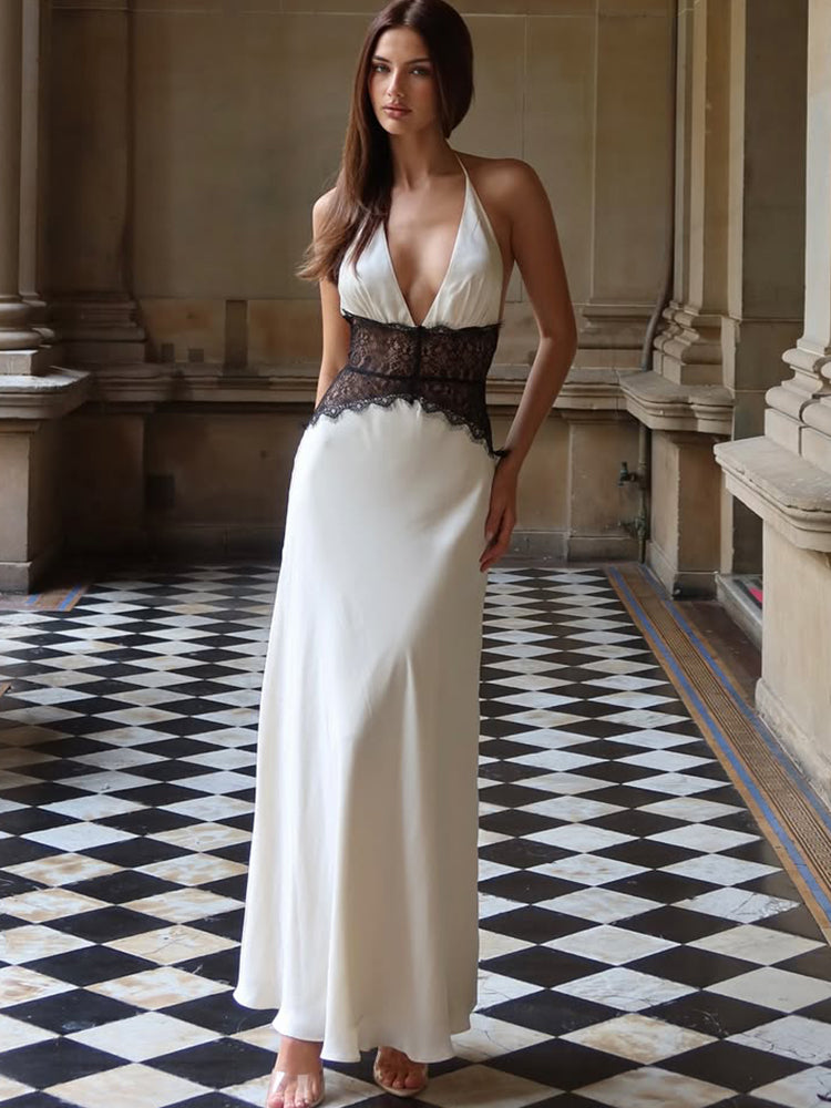 Maxikleid mit Neckholder, Spitzeneinsatz und freiem Rücken