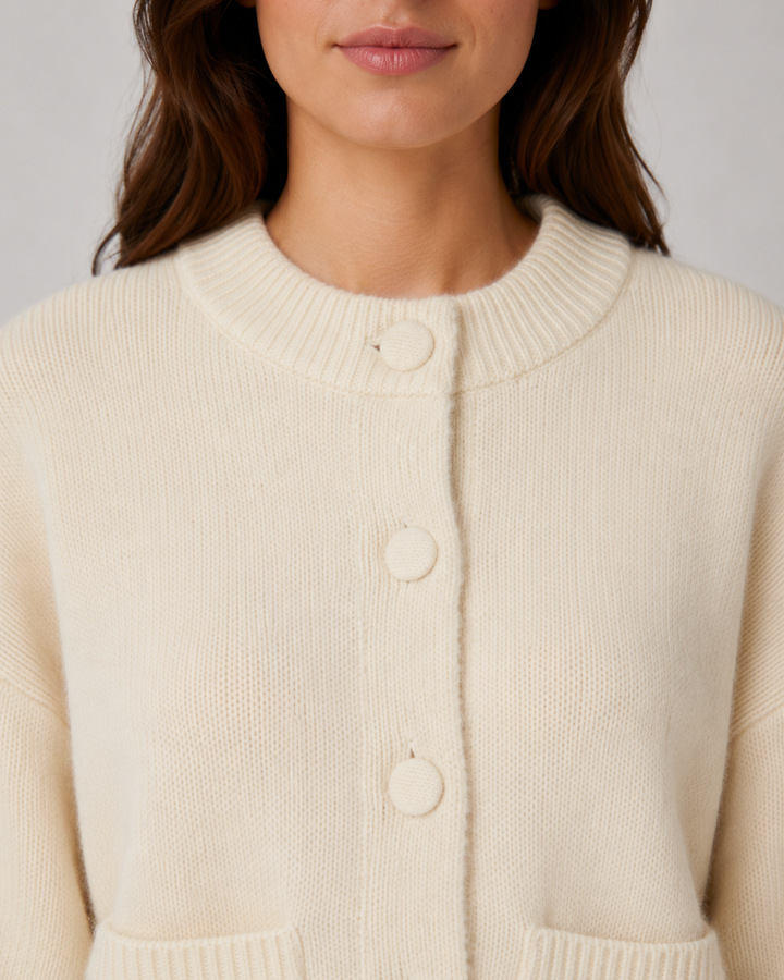 Nahaufnahme des groben Strickmusters am Damen-Cardigan