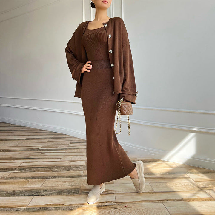 Damen-Strickset mit Knopfstrickjacke und schmaler Slim-Fit-Passform