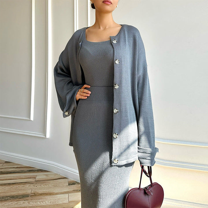 Damen-Strickset mit geknöpfter Strickjacke für einen stilvollen Alltagslook