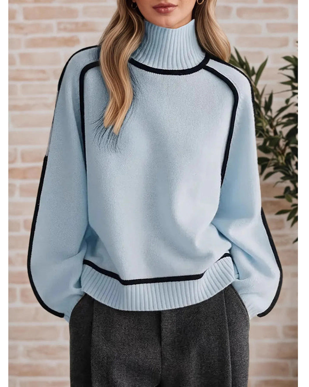 Damen Oversize Rollkragenpullover Mit Kontrastdetails