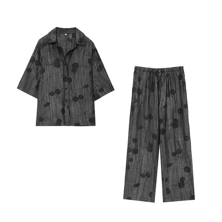 Damen Jacquard Zweiteiler Lockeres Hemd Hoch taillierte Weite Bein Hose