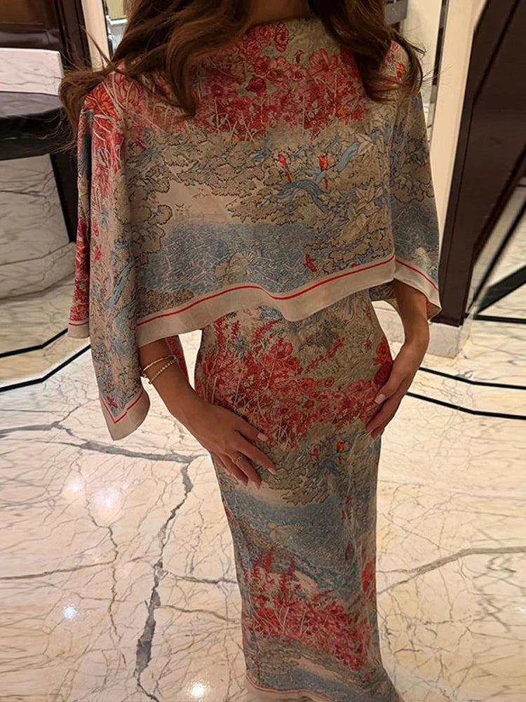 Damen Bodycon Maxikleid mit Überwurf-Schal und Blumendruck