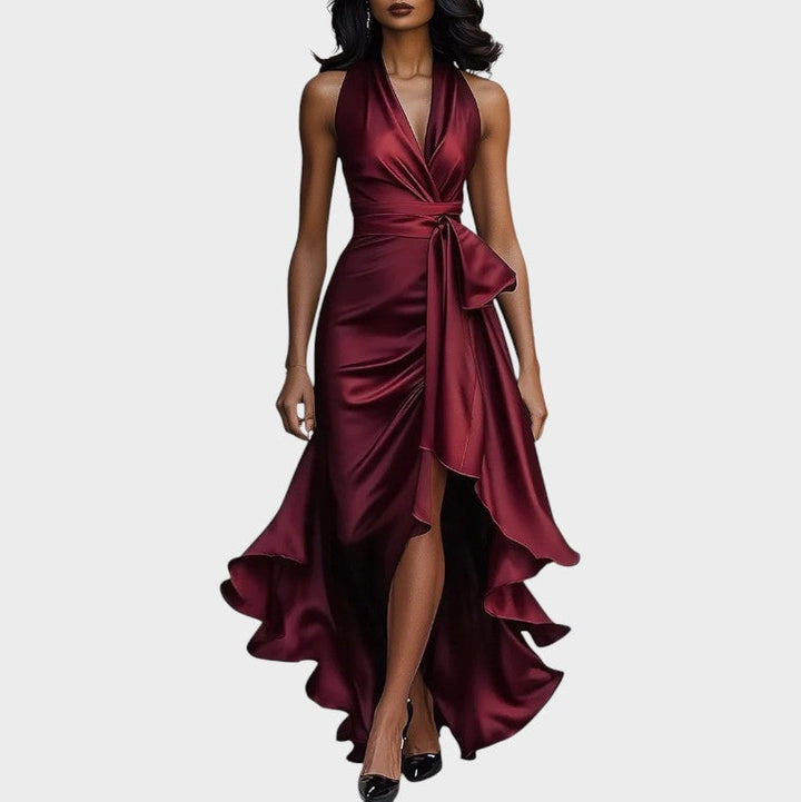 Midnight Satin Neckholderkleid mit Rüschen-Details