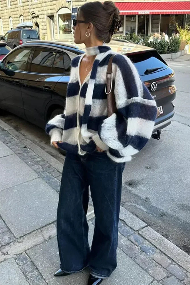Gestreifter V-Ausschnitt Lose Gestrickter Cardigan