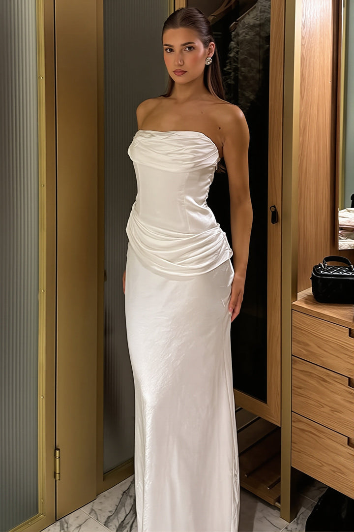 Schulterfreies Satin-Maxikleid für Damen mit elegantem fallendem Rock
