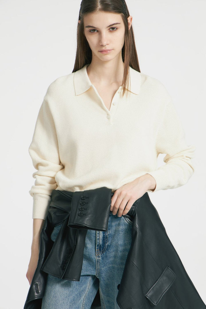 Damen Strickpullover Mit Polokragen Und Knopfleiste