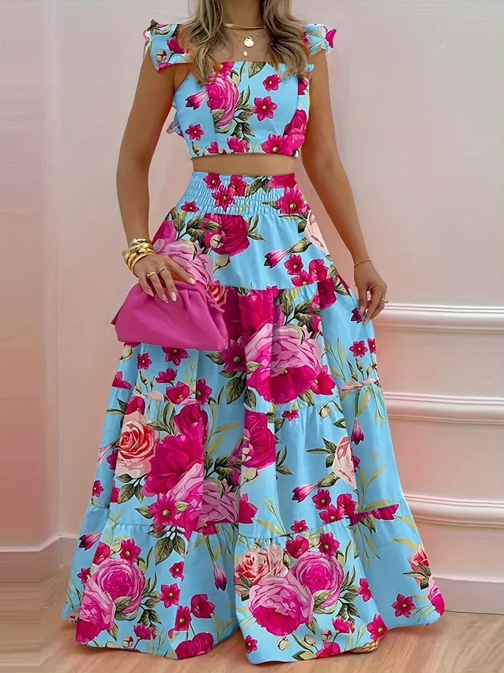 Set aus Bustier-Top mit Blumenrüschen und ausgestelltem Maxirock