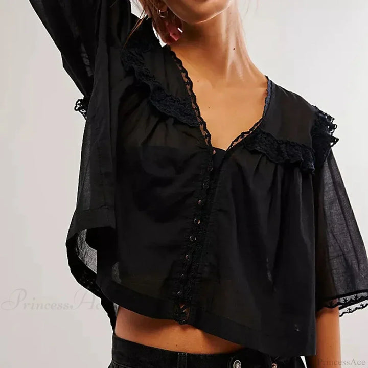Damen-Chiffonbluse mit Rüschen und Spitzenbesatz, tiefem V-Ausschnitt