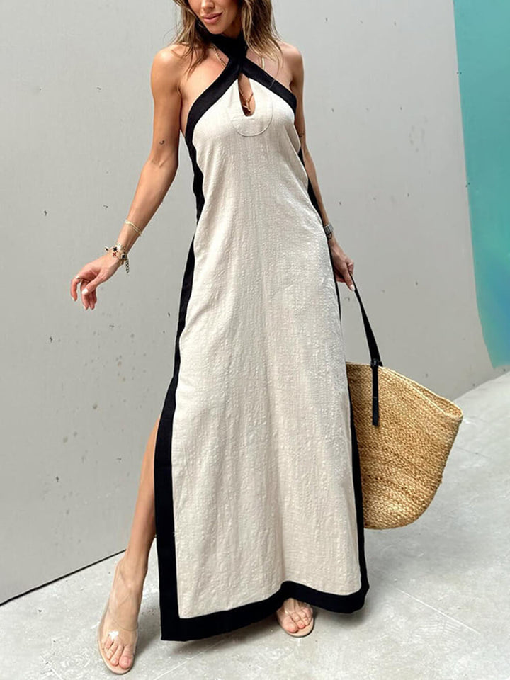 Maxikleid mit Neckholder, Farbblock und Schlitz