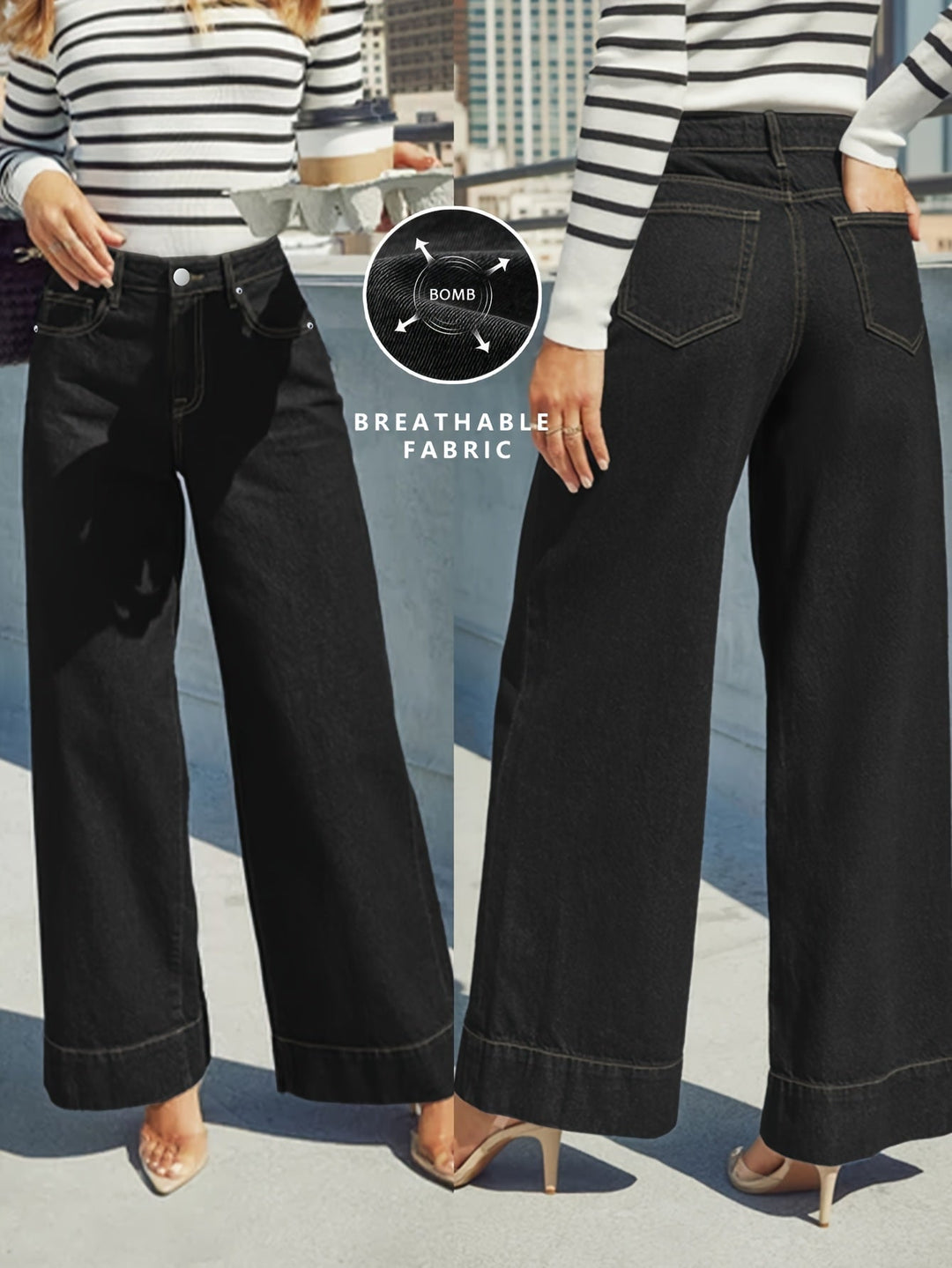 High-Waist Weite Stretch-Denim-Jeans mit umgeschlagenem Saum