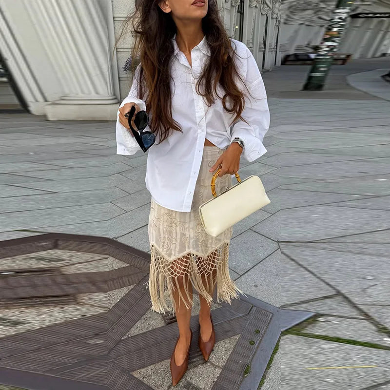 Damen Midirock mit hohem Bund, Blumenmuster und Schlitz