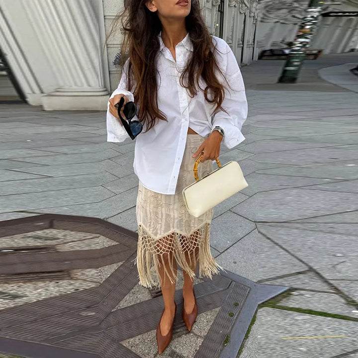 Damen Midirock mit hohem Bund, Blumenmuster und Schlitz