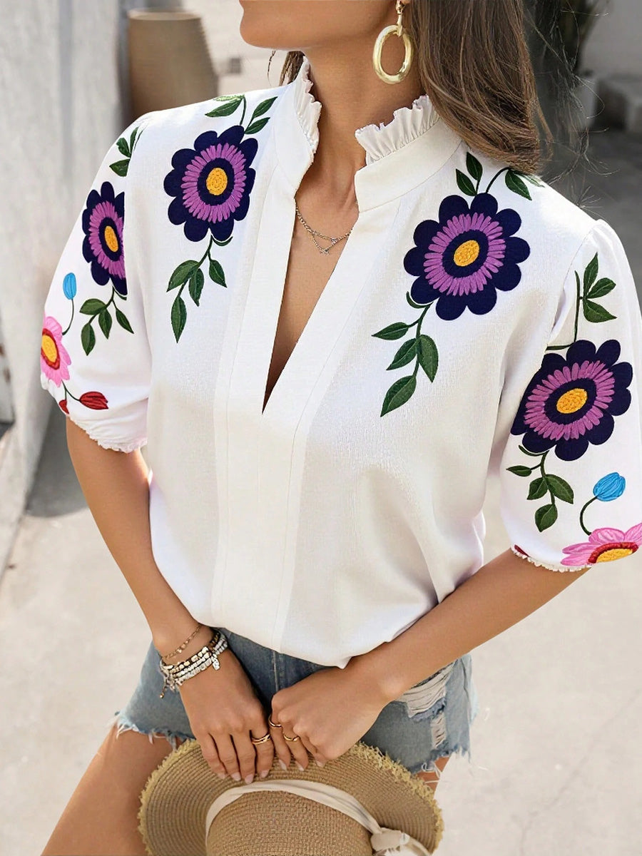 Damenbluse Mit Blumenprint Und Stehkragen