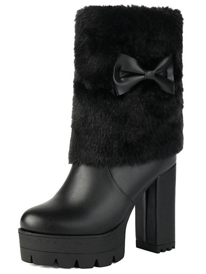 Plüschstiefel mit klobigem Absatz und Vintage-Schleifen-Akzent