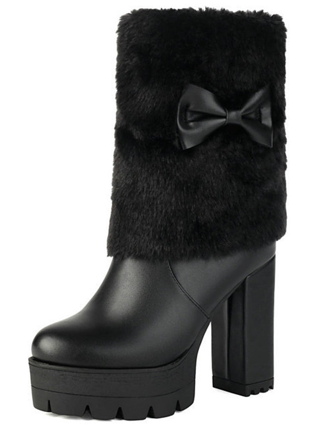 Plüschstiefel mit klobigem Absatz und Vintage-Schleifen-Akzent