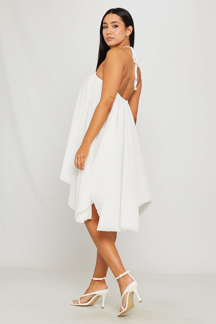 Weißes Chiffon-Minikleid mit Neckholder und asymmetrischem Schnitt