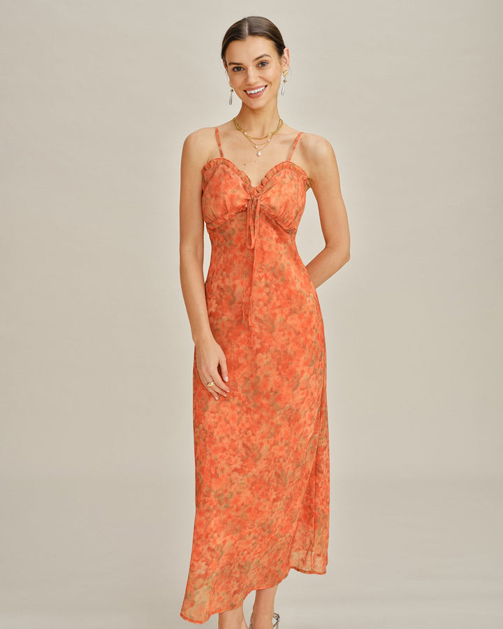 Orangenfarbenes Blumen A-Linien Maxi-Spitzenkleid für Damen