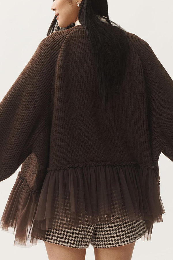 Strick-Cardigan mit Mesh-Rüsche und langen Ärmeln