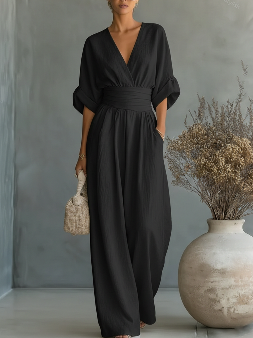 Eleganter V-Ausschnitt Jumpsuit mit hoher Taille und weitem Schnitt