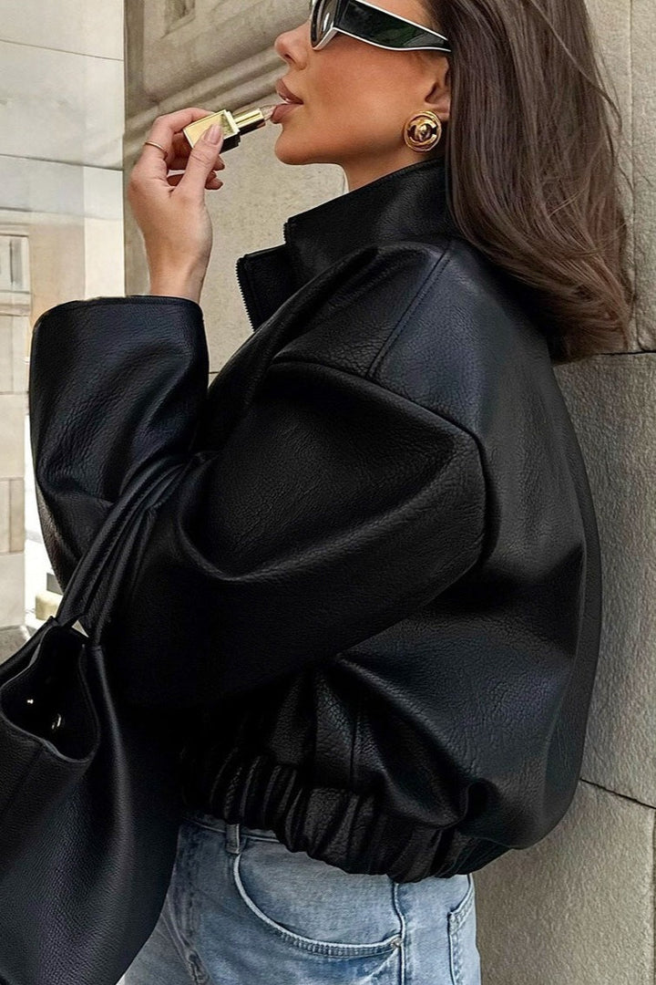 Kunstlederjacke für Damen mit geschlossenem Stehkragen
