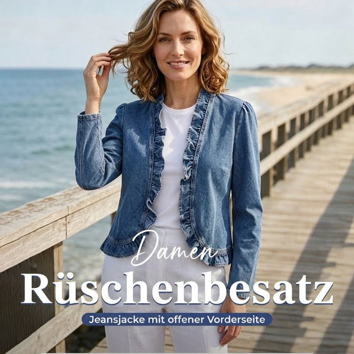 Damen-Jeansjacke mit Rüschensaum und offenem Verschluss