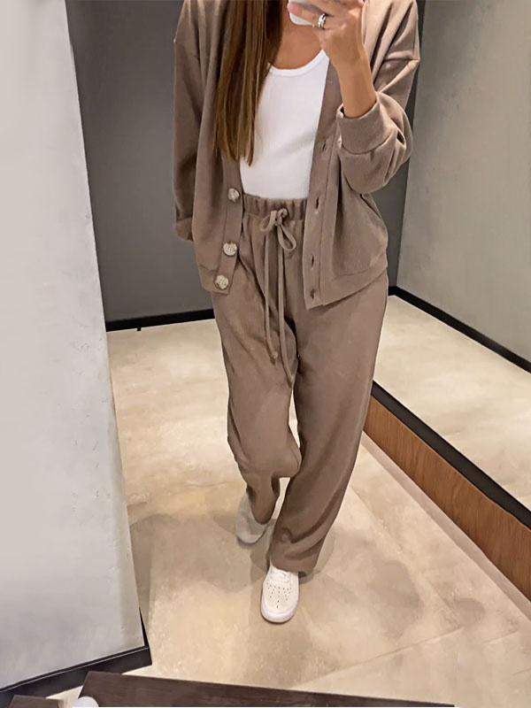 Gemütliches lässiges V-Ausschnitt Pullover- und Hose-Set
