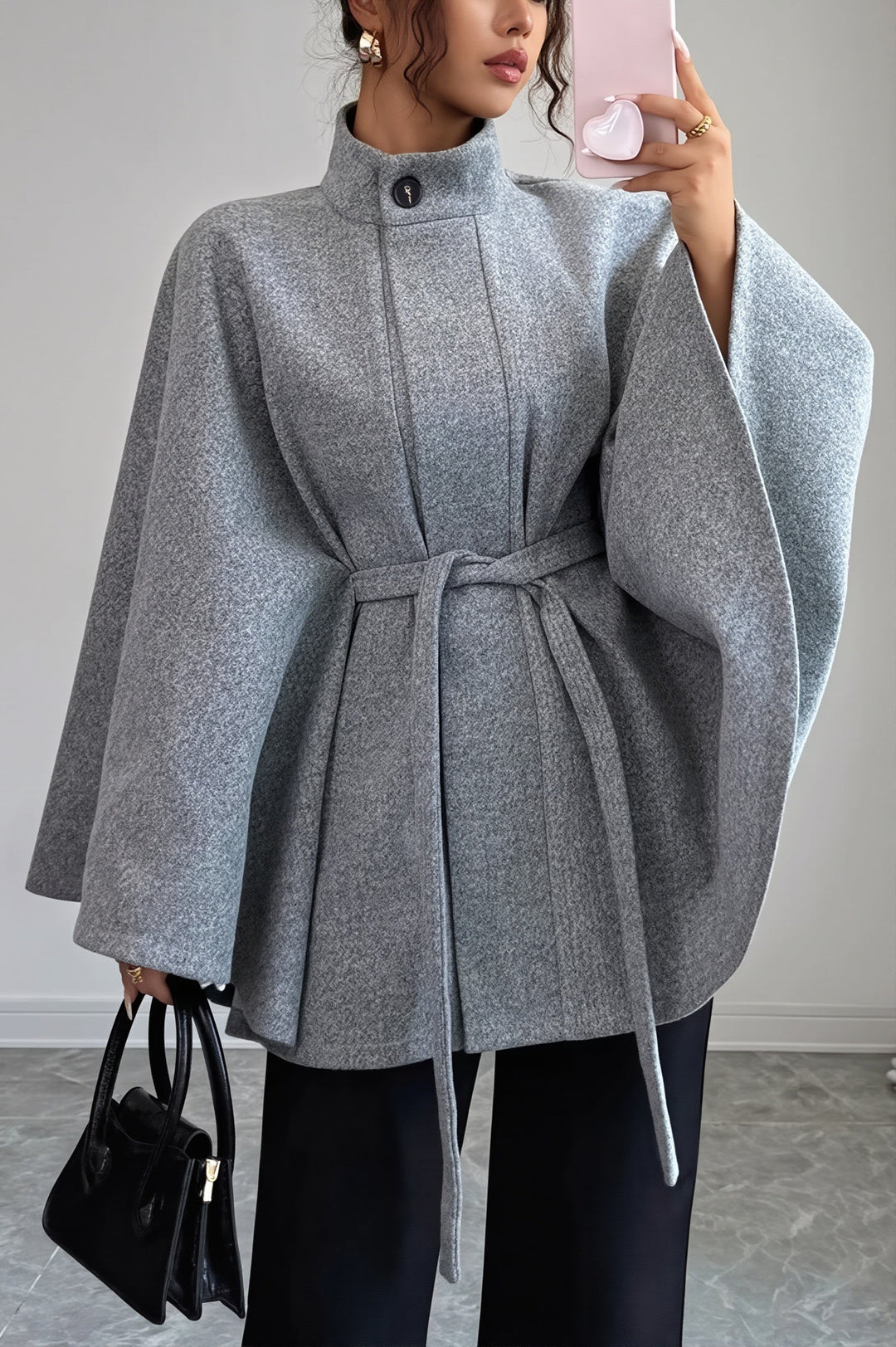 Damen Cape Jacke In Wolloptik Mit Gürtel