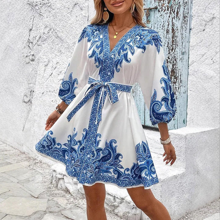 Bedrucktes V-Ausschnitt Kleid mit Taillengürtel für Damen, leicht und atmungsaktiv