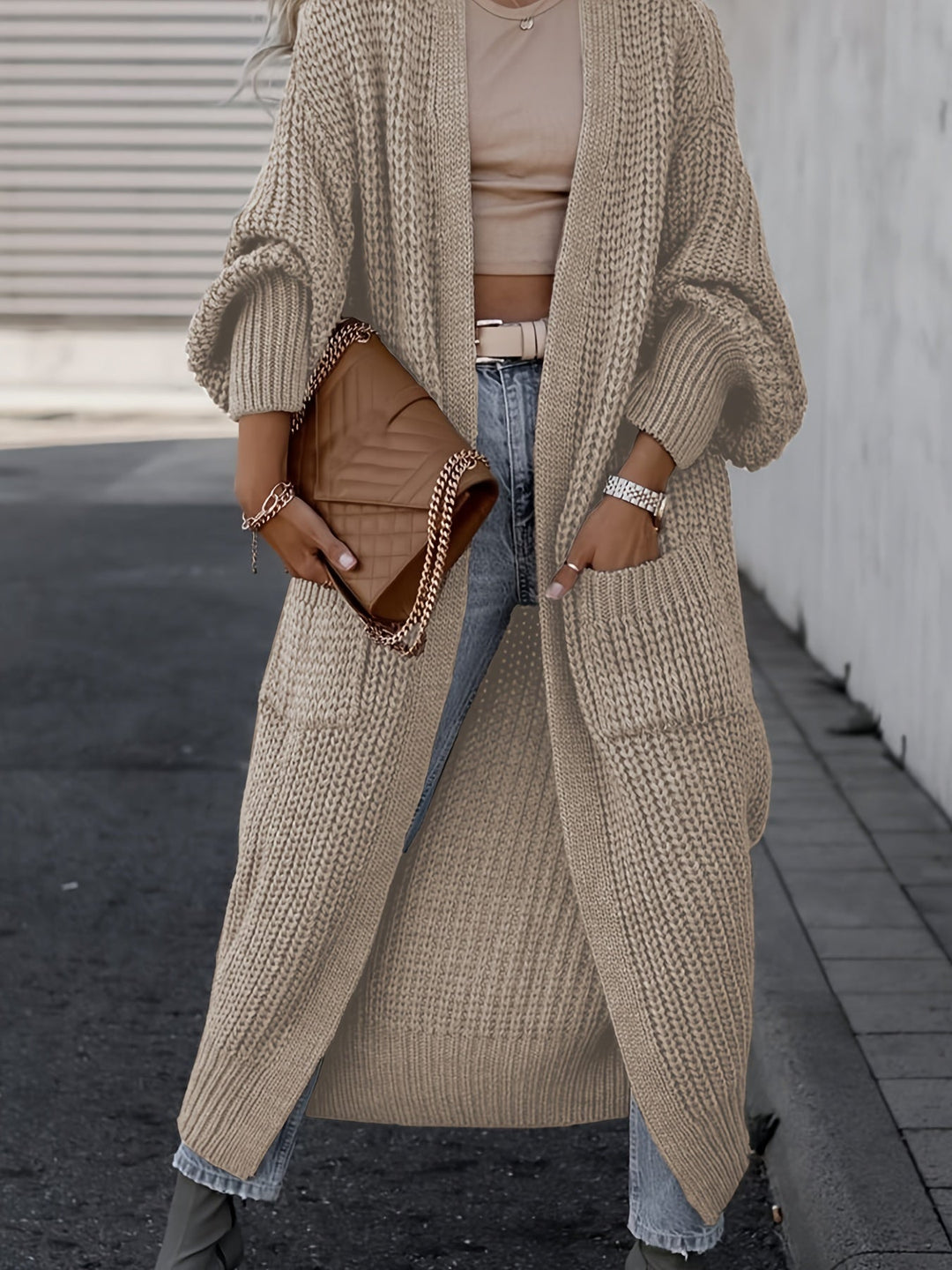 Damen Maxi-Cardigan mit langen Ärmeln und Taschen