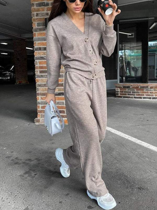 Gemütliches lässiges V-Ausschnitt Pullover- und Hose-Set