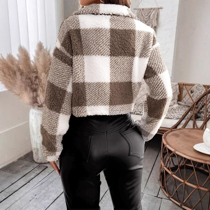 Gemütliche Teddy-Fleece-Cropped-Jacke mit Karomuster