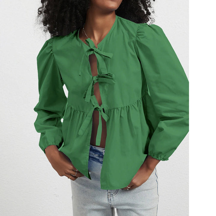 Damen-Bluse mit Schnürung, Rüschensaum und lockerem Sitz