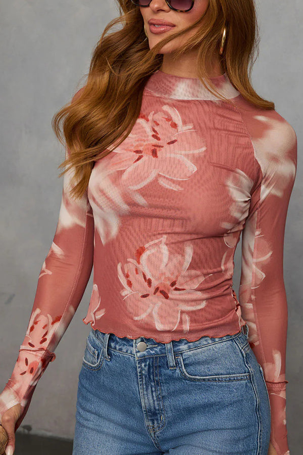 Schmal geschnittenes Langarmshirt mit Blumenmuster für die Freizeit