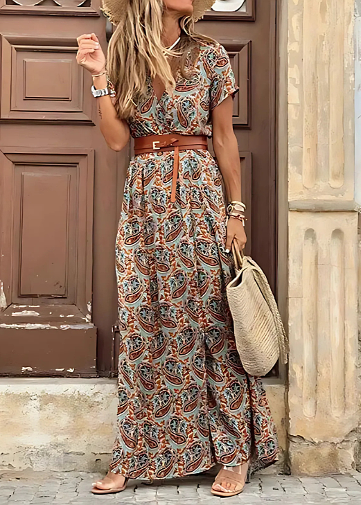 Boho-Muster Kleid mit geraffter Taille für den Sommer