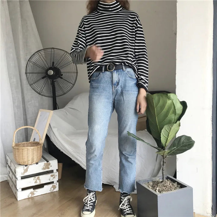 Damen locker sitzende gestreifte Rollkragenbluse, leichtgewichtige