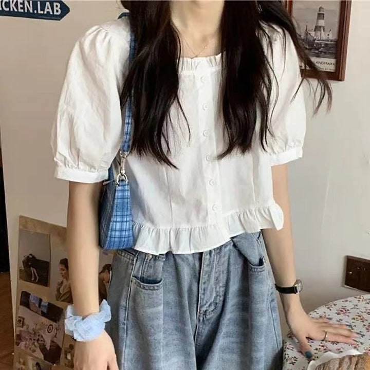 Damen Spitzen-Bauchfreies Top mit Puffärmeln und Knopfleiste
