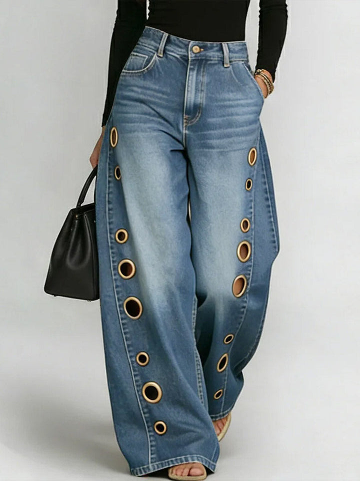 Damen High-Waist Weitbein Freizeithose Jeans