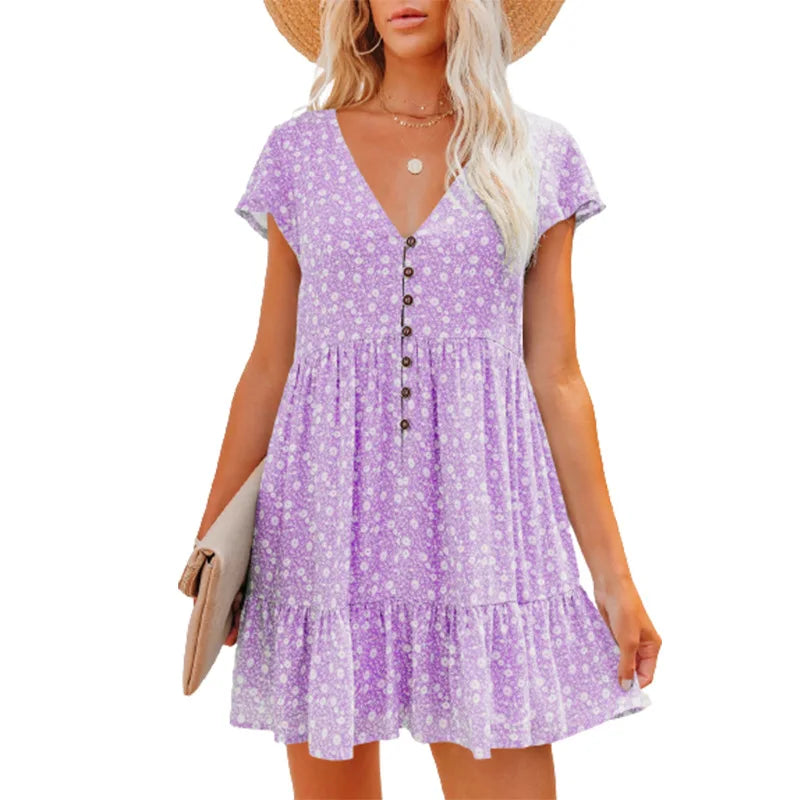 Damen Sommer Blumen V-Ausschnitt Falten Mini Kleid