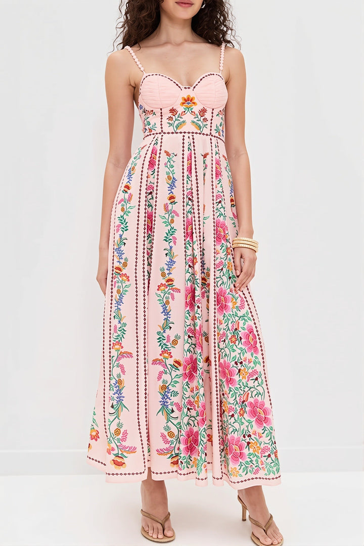 Damen-Maxikleid mit Blumenmuster und Spitzenbesatz in voller Länge